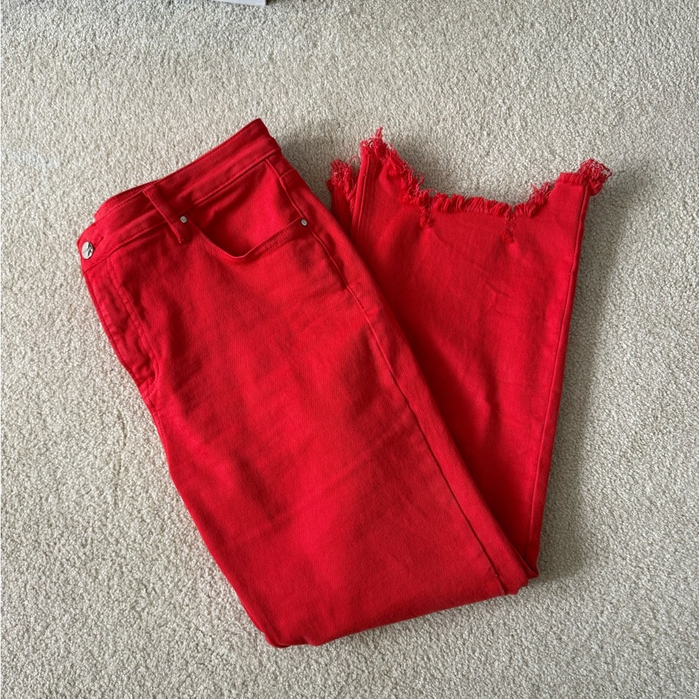 Risen Red Raw Hem Straight Leg Jeans